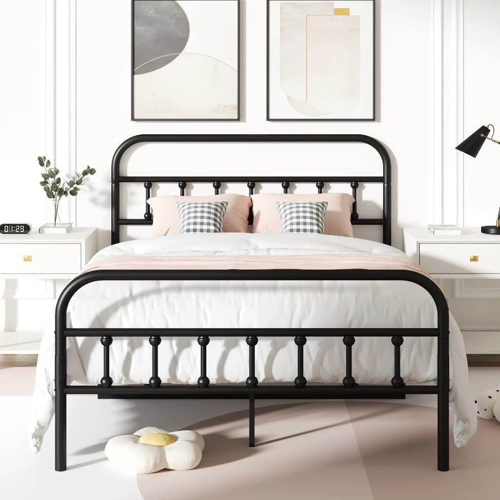 uhomepro full size bed frame, victorian style metal full bed frame, quiet & stable steel platform bed with headboard and footboard, no box spring needed, easy assembly, black