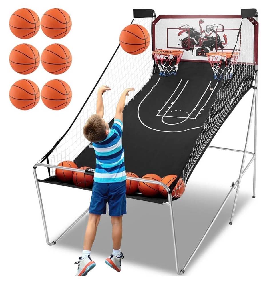 dual shot basketball arcade game, segmart 81"x44" foldable indoor electronic arcade basketball game with 6 balls, 8 modes, led scoreboard, air pump, battery powered for adults, black