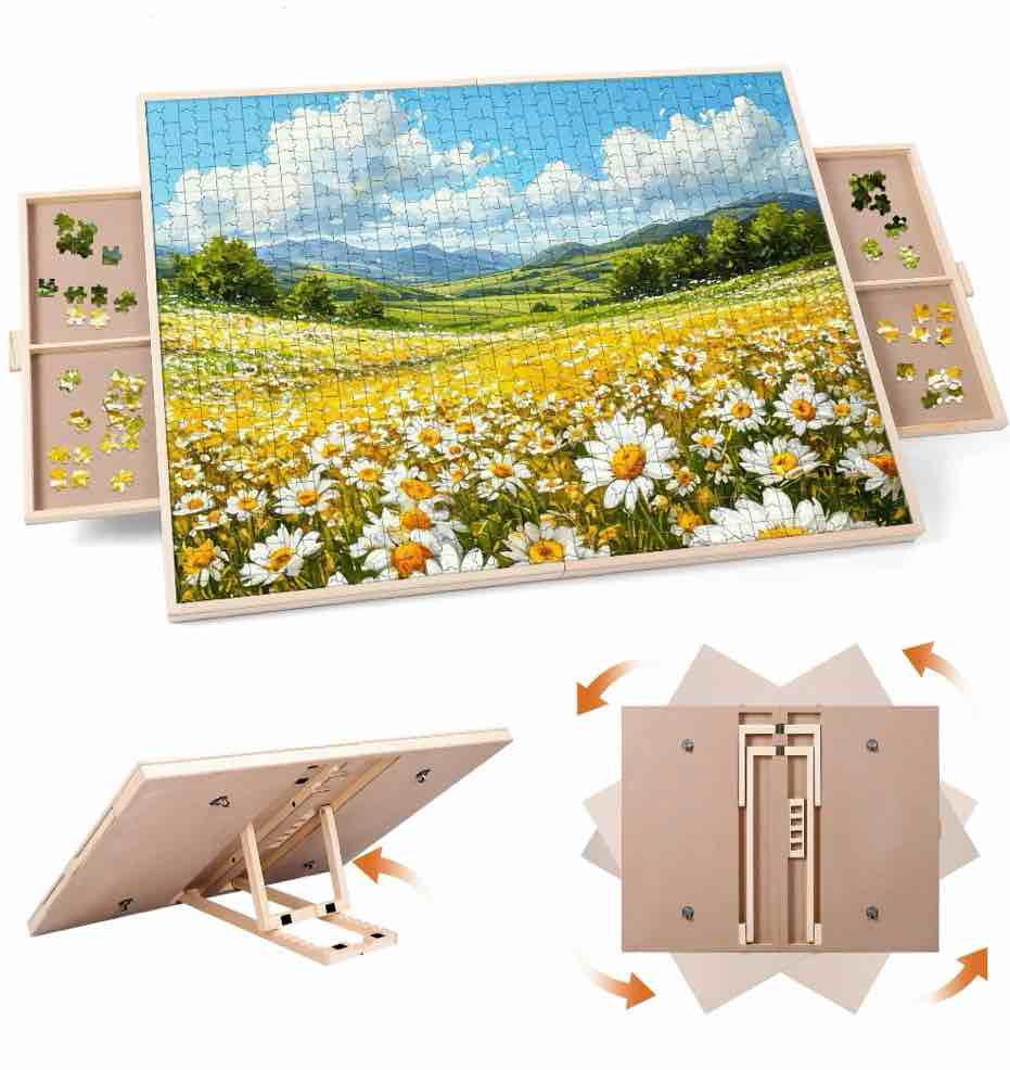 kalnur 1500 pieces 2-in-1 tilting & rotating puzzle board for adults gifts, wooden jigsaw puzzle table with 2 drawers, portable board with lazy susan and cover, 25.2" x 34.2"