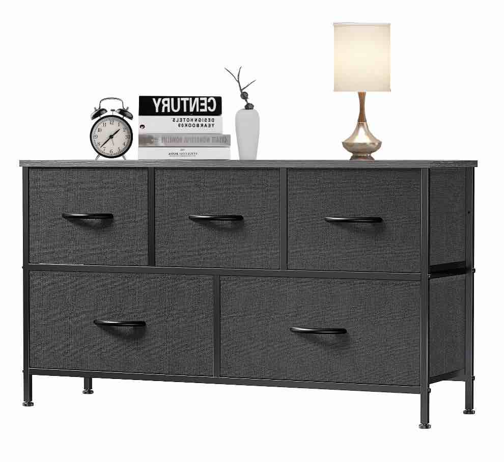 edx 5 drawer dresser, wide chest of drawers nightstand storage tower storage fabric dresser with wood top for living room, bedroom, hallway,black
