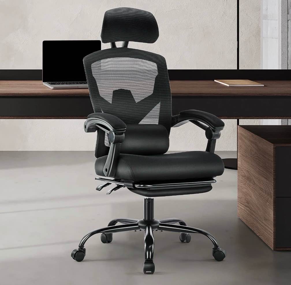 edx ergonomic high back office chair with reclining & lumbar support, swivel, headrest, footrest, padded arms, black