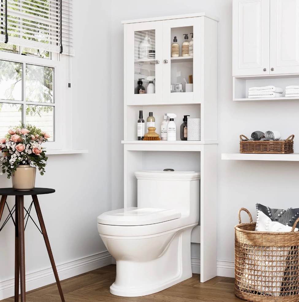 sobaniilo over the toilet storage cabinet for bathroom, storage organizer over toilet, space saver with tempered glass doors, white