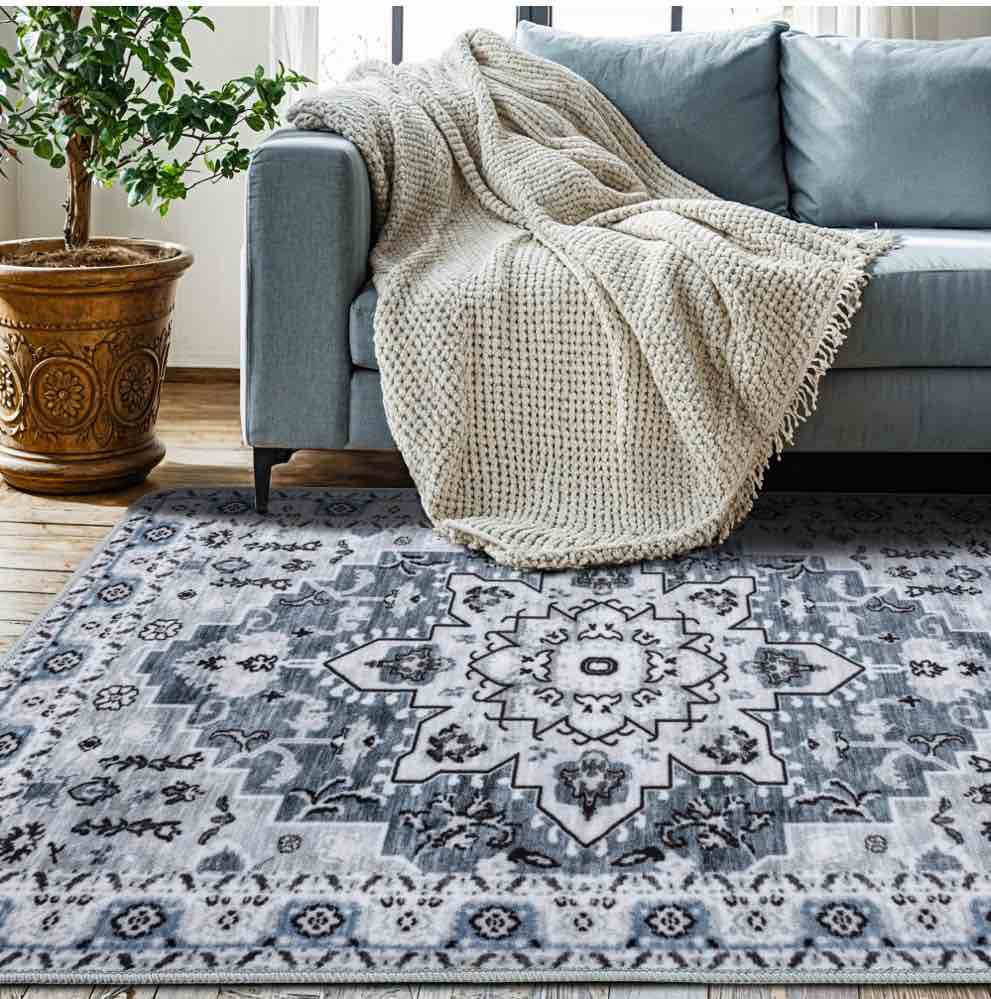 sonoro kate 10x12 area rugs for living room bedroom  non slip boho machine washable indoor floor carpet  blue-gray