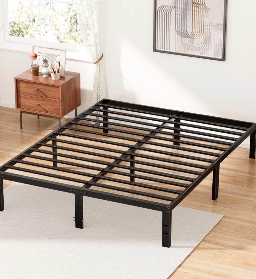 zunmos 14 inches queen bed frame, heavy duty metal platform with storage space under frame, no box spring needed queen size bed frame, black