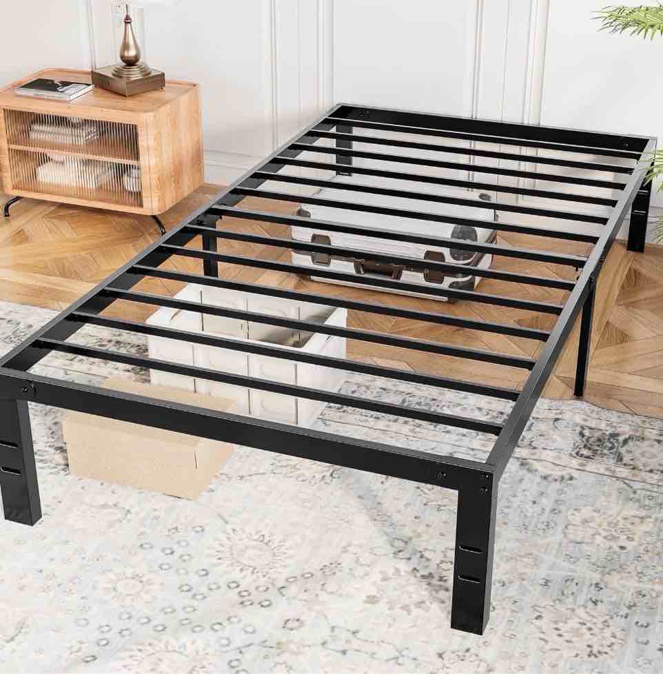 concetta 14" twin bed frame, heavy duty metal platform bed frame with underbed storage for bedroom, no box spring required, black