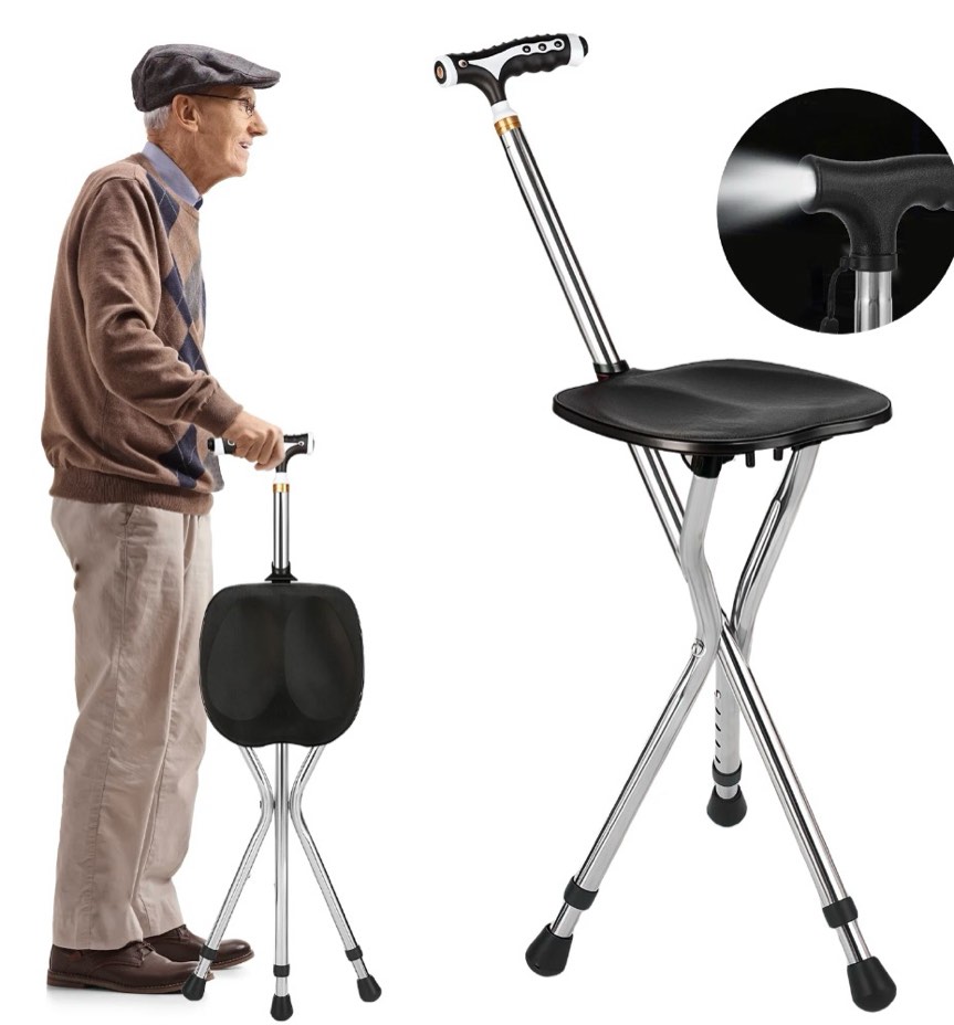 folding cane with seat, adjustable walking cane with led light and cushion, supports up to 330 lbs