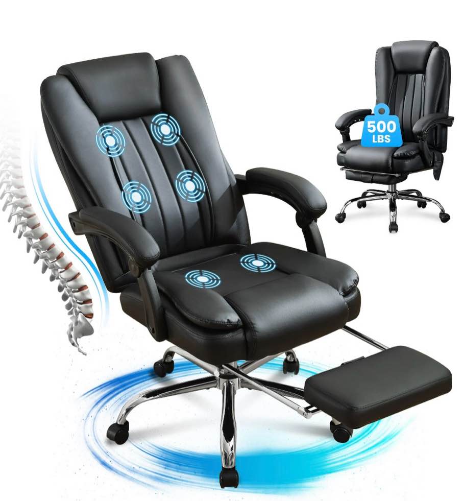 jonpony big and tall office chair 500lbs executive office chair massage and footrest ergonomic computer desk chair reclining high back leather office chair lumbar back support swivel rolling,black