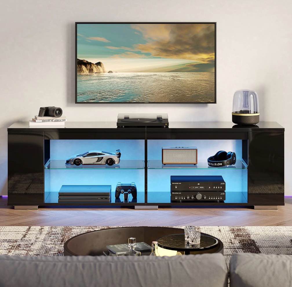 pinmoco led tv stand for tvs up to 80", gaming entertainment center with side bookshelf and 4 open shelves, black