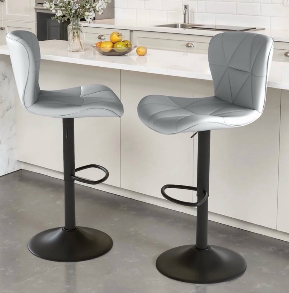 daluvenix modern bar stools set of 2, adjustable swivel counter height bar chairs with back, faux leather upholstered for kitchen island, light grey