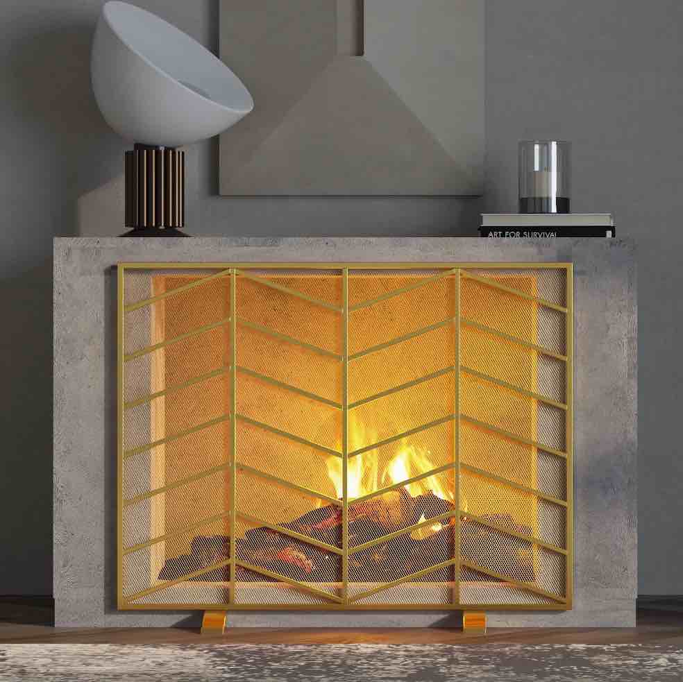 fire beauty single panel handcrafted wrought iron mesh chevron fireplace screen, fire spark guard for living room, bedroom decor(golden)