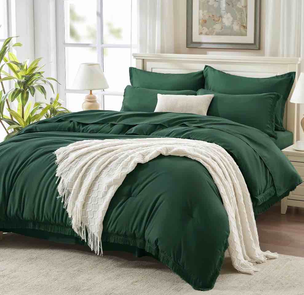 Andency California King Comforter Set Dark Green - 7 Pieces Cal King Bed in a Bag Bedding Comforter Sets, Boho Tassel Soft Lightweight Bed Set with Comforter, Sheets, Pillowcases & Shams