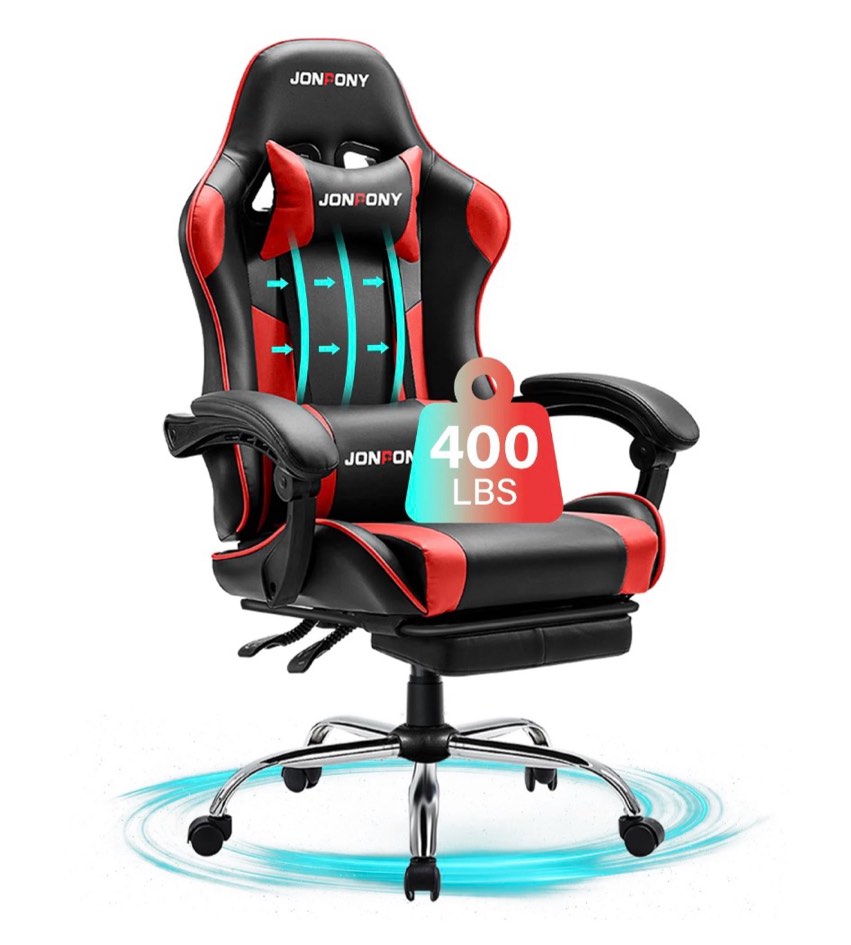 JONPONY Big and Tall Gaming Chair, Ergonomic Design, Gamer Chair PU Leather with Footrest and Lumbar Support, High Back Office Chair Support 8 Hours Long Sitting, Computer Chair,Black RED