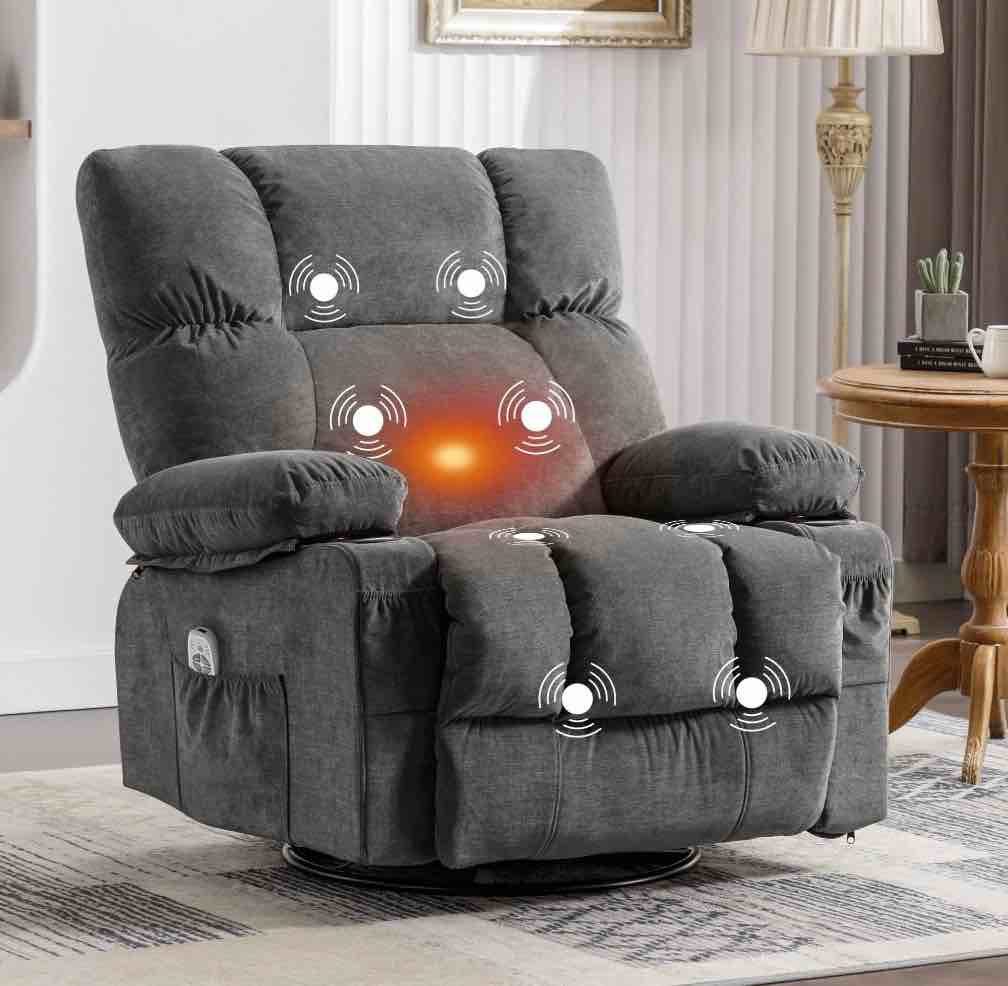 JONPONY Massage Swivel Rocker Recliner Chair with Vibration Massage and Heat Ergonomic Lounge Chair for Living Room with Rocking Function and Side Pocket, 2 Cup Holders, USB Charge Port,Grey