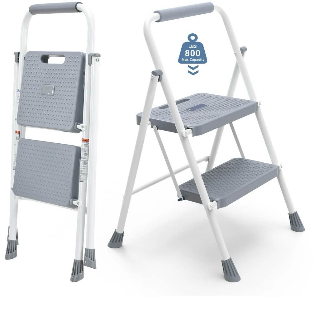 edx 2 Step Ladder, Portable Folding Step Stool Heavy Duty, Anti-Slip, Lightweight 800Lbs Capacity, For Kitchen, Garage & Outdoor Use, Gray-White