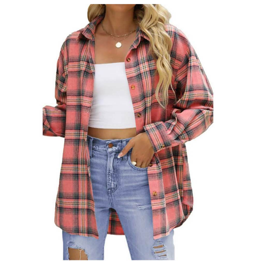 Fantaslook Plaid Flannel Shirts for Women Oversized Long Sleeve Button Down Shirts Blouses Tops XL