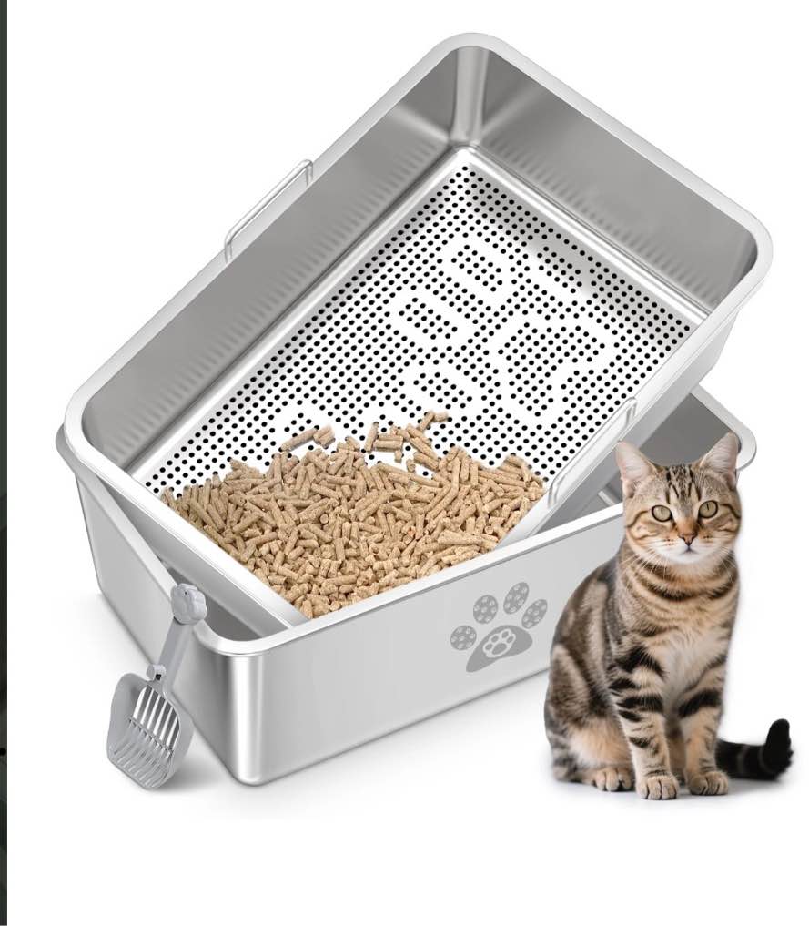 Ptlom Stainless Steel Sifting Litter Box for Pine Pellets 23.6" x 15.7" x 7.9", Extra Large Metal Litter Pan with Sifter