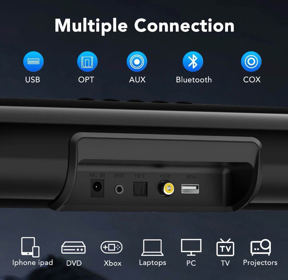 Condition photo showing Good Condition for Sound Bar for TV, 60W Soundbar TV Speakers, 2.1 ch Home Theater with Subwoofer Boost, 3 Equalizer Modes, Soundbar for TV/PC/Gaming/Projectors, Bluetooth, OPT, COX, USB & AUX Wall Mountable