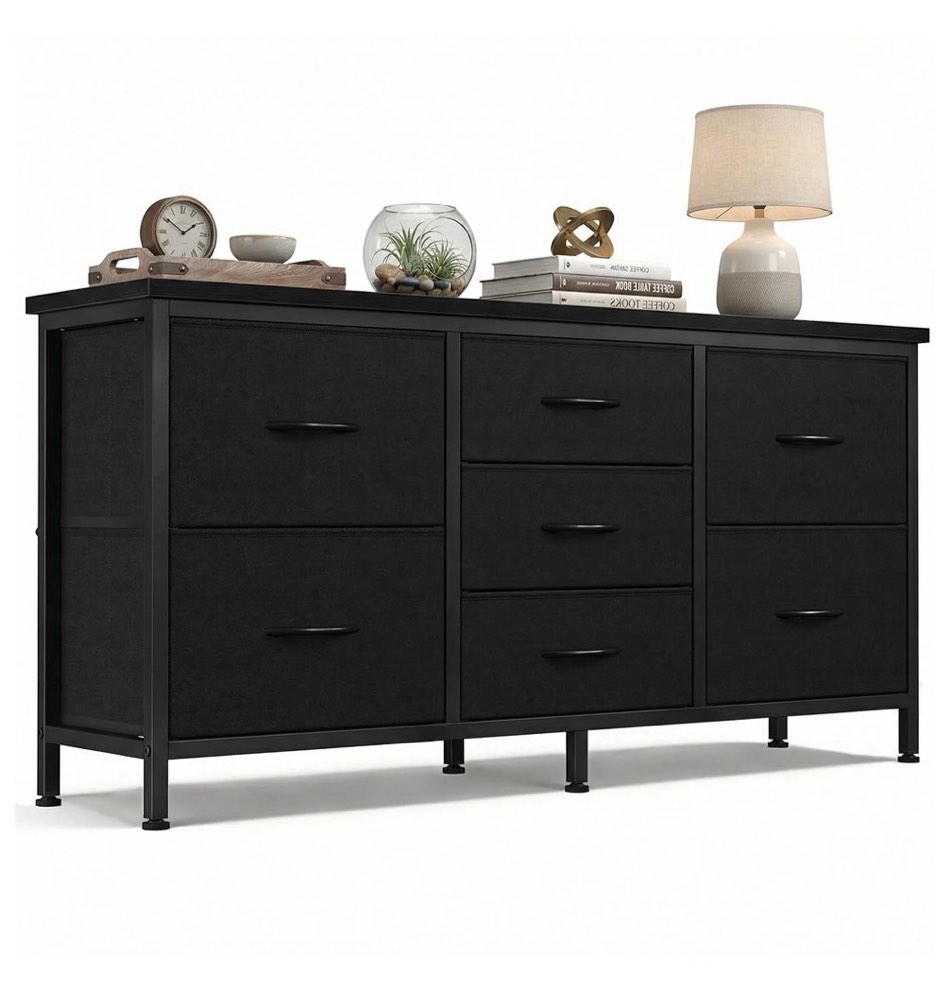 Condition photo showing New/Like New for edx 7 Drawer Dresser for Bedroom, 47.2" Fabric Drawers with Wood Top Metal Frame, Wide Storage Organizer for Closet, Hallway & Living Room, Black