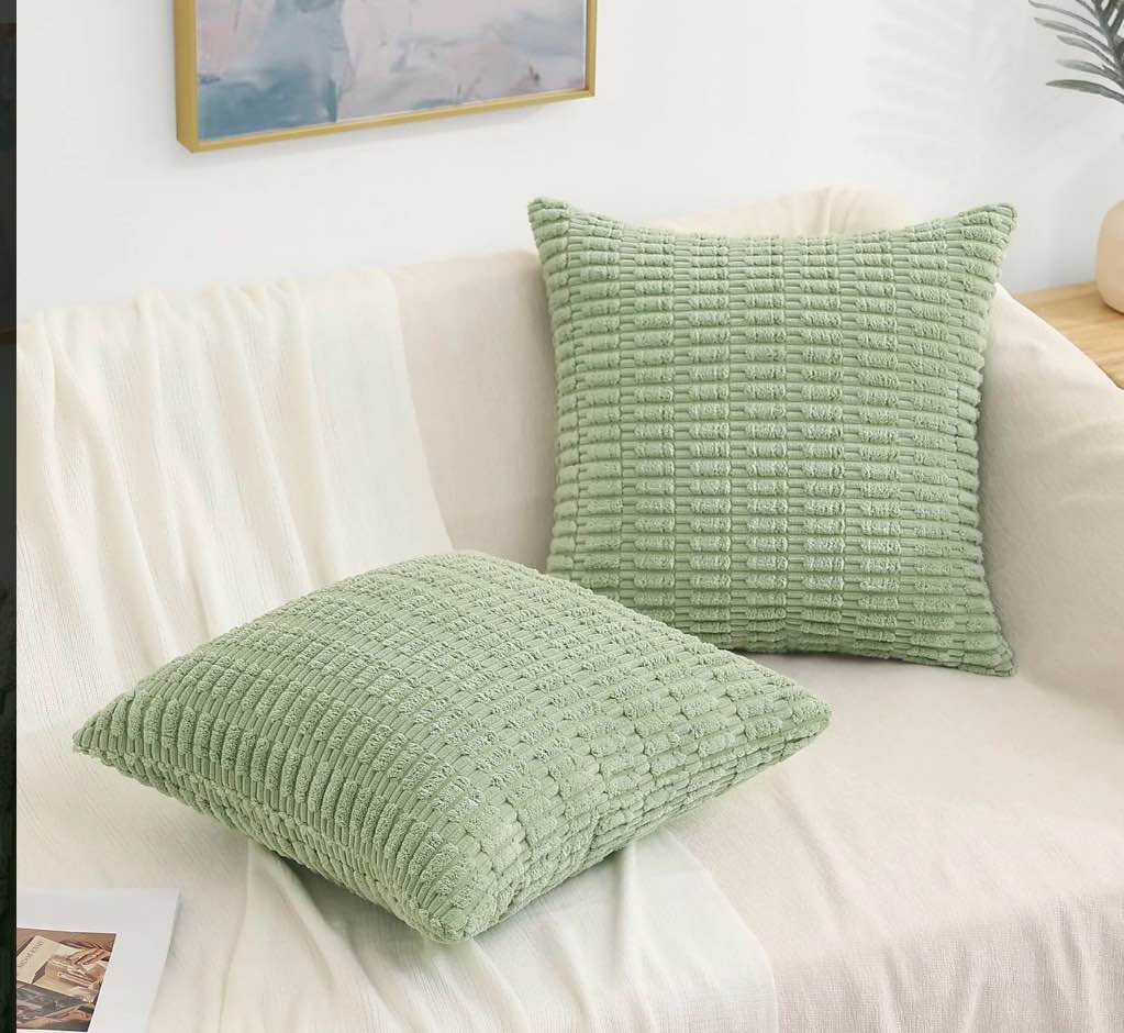 Condition photo showing New/Like New for decorUhome Pack of 2 Decorative Throw Pillow Covers 18x18  Soft Corduroy Striped Couch Pillow Covers  Boho Modern Farmhouse Home Decor  Sage Green