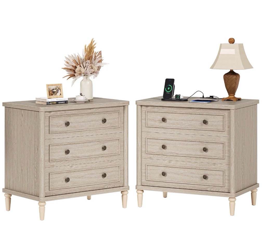 Bestier Farmhouse Nightstand Set of 2 with 3 Drawers, Wood Bedside Table Night Stand with Charging Station, Sofa Side End Table for Bedroom, Living Room, Oak