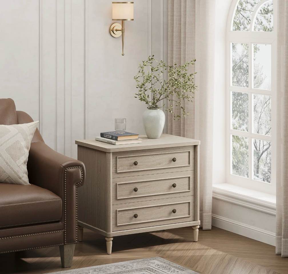 Condition photo showing Good Condition for Bestier Farmhouse Nightstand Set of 2 with 3 Drawers, Wood Bedside Table Night Stand with Charging Station, Sofa Side End Table for Bedroom, Living Room, Oak