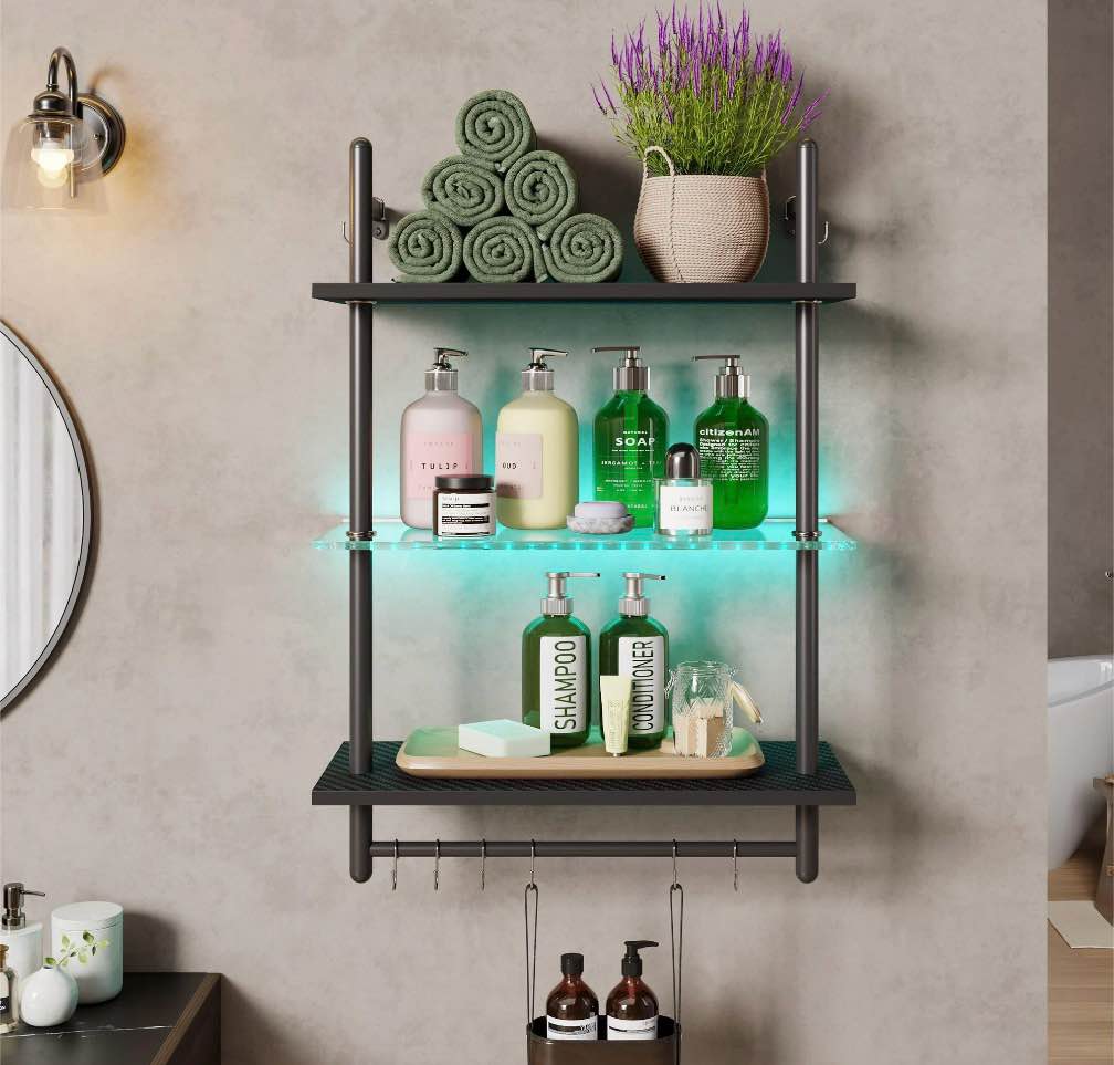 Condition photo showing New/Like New for Bestier 23 Floating Shelves for Wall with LED Light 3-Tier Wall-Mounted Wood Shelves with 8 S-Hooks Black Carbon Fiber