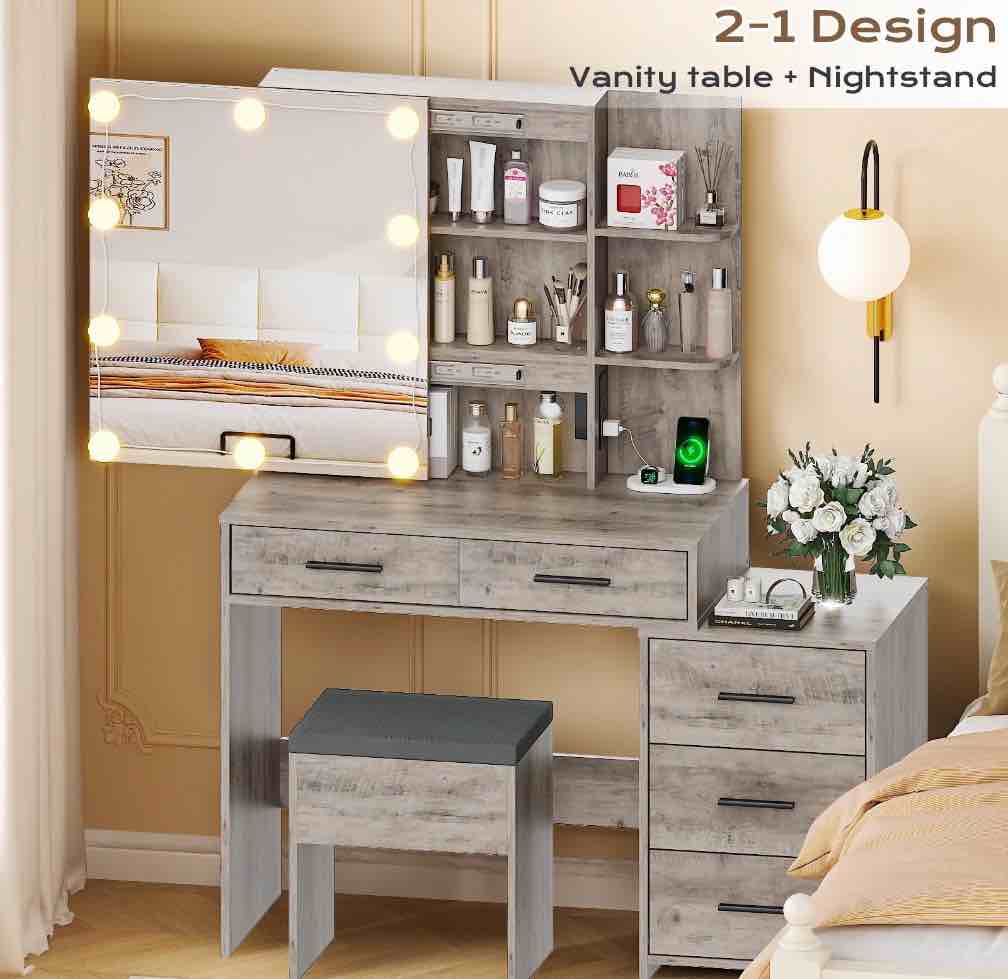 Ktaxon Vanity Set with 3 Color Lighted Mirror & Charging Station, Makeup Table Dressing Table?Gray