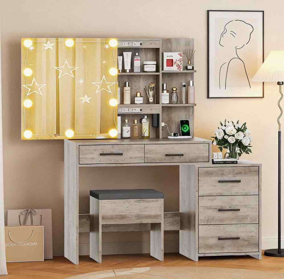 Condition photo showing New/Like New for Ktaxon Vanity Set with 3 Color Lighted Mirror & Charging Station, Makeup Table Dressing Table?Gray