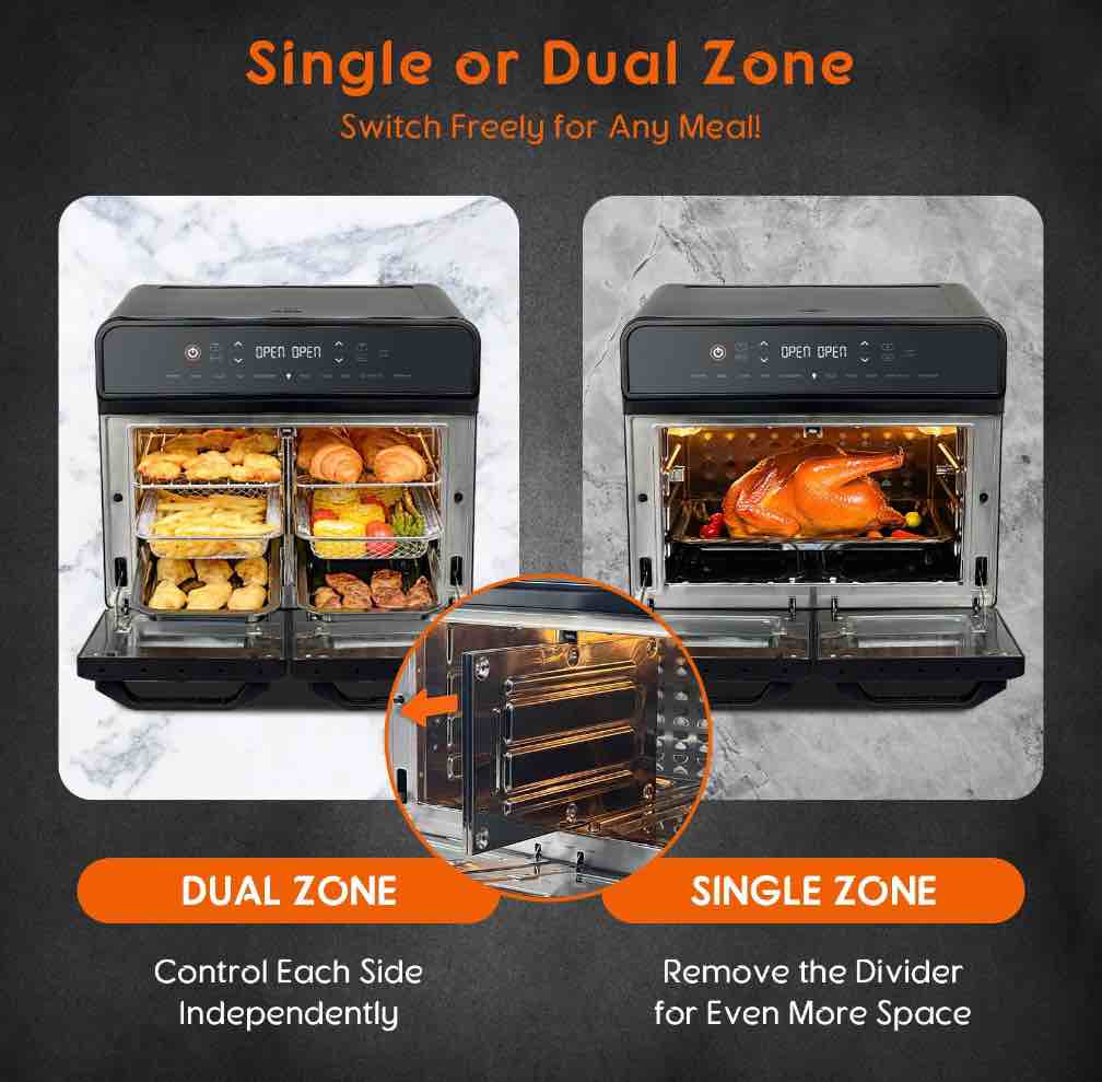 Condition photo showing New/Like New for 24QT Dual Zone Air Fryer Oven With Rotisserie,10-In-1 Internal Stainless Steel Toaster Oven Air Fryer Combo 1800W For Family Cooking