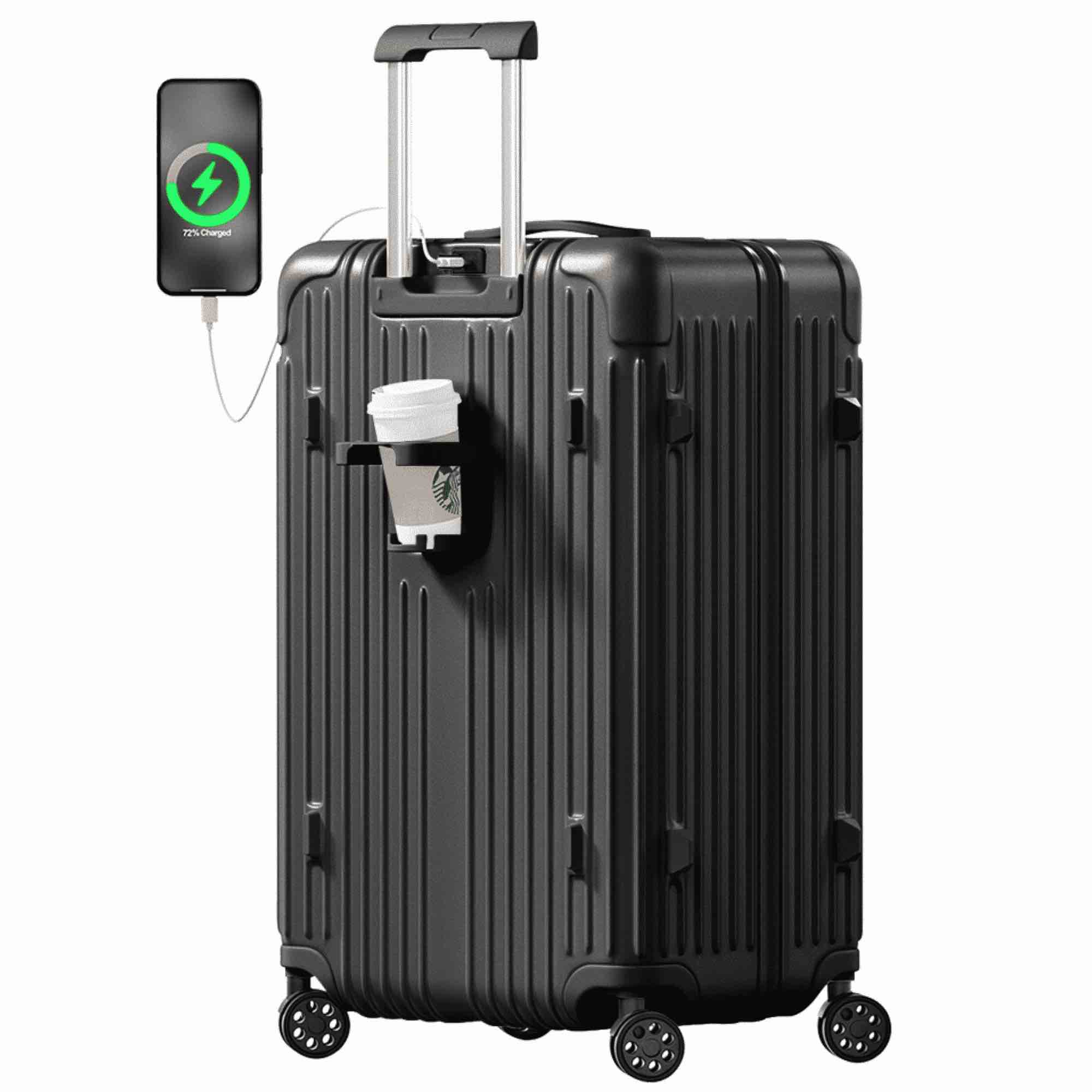 28  Checked Luggage with USB Port and Cup Holder PC+ABS Hardside Suitcases with Spinner Double Wheels Black
