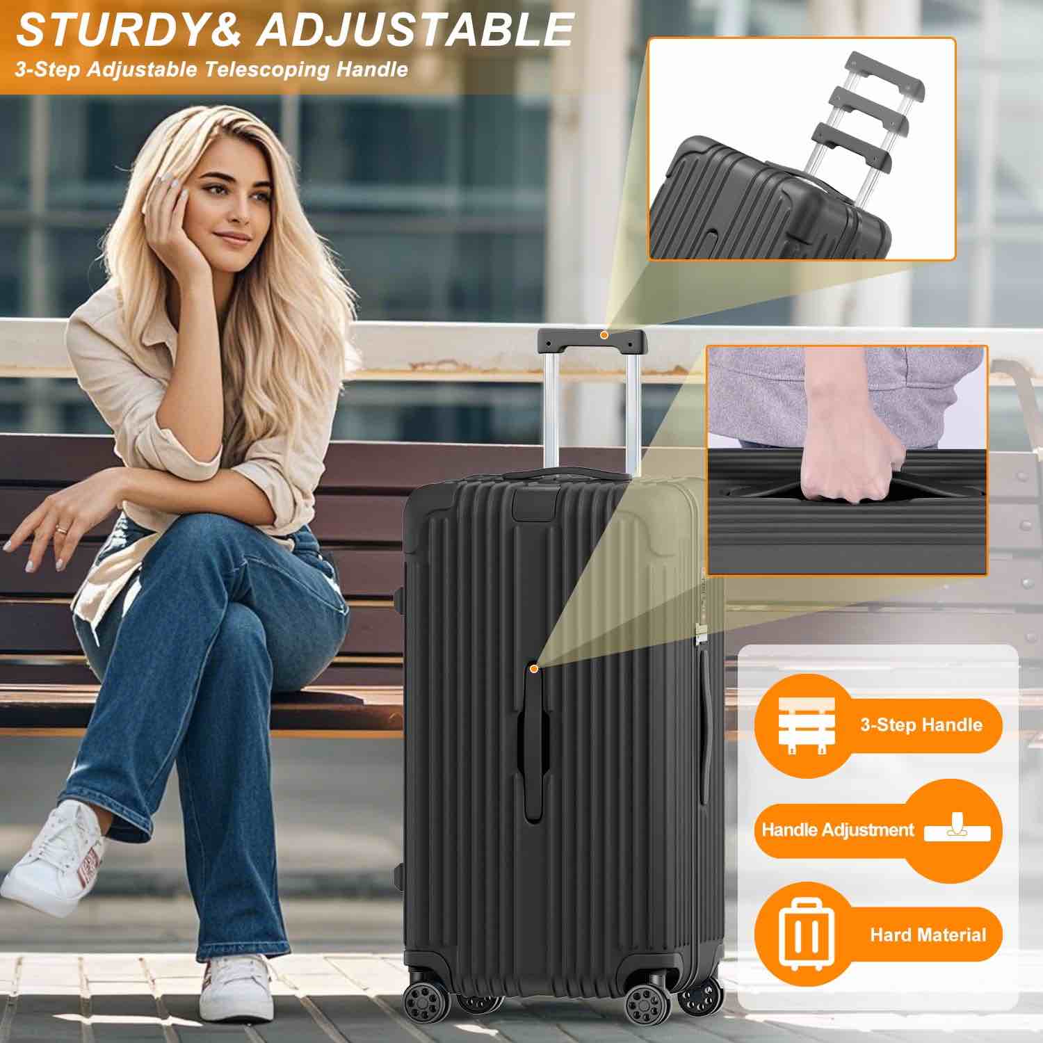 Condition photo showing New/Like New for 28  Checked Luggage with USB Port and Cup Holder PC+ABS Hardside Suitcases with Spinner Double Wheels Black