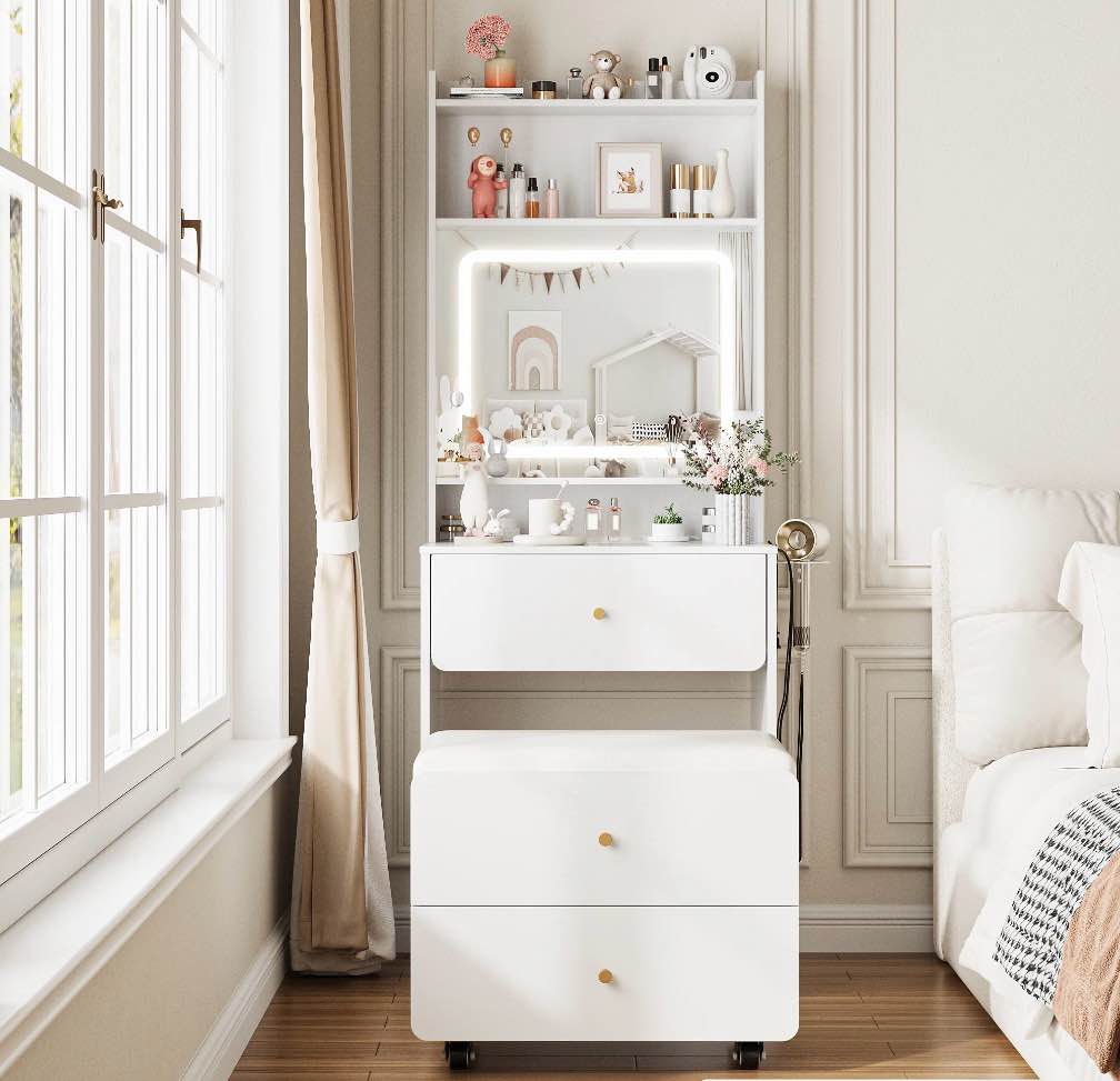Condition photo showing New/Like New for VEANERWOOD White Vanity Desk Set for Small Spaces, 23.62” Small Makeup Vanity Table with Rolling Stool, Lighting Mirror & Charging Station for Girls
