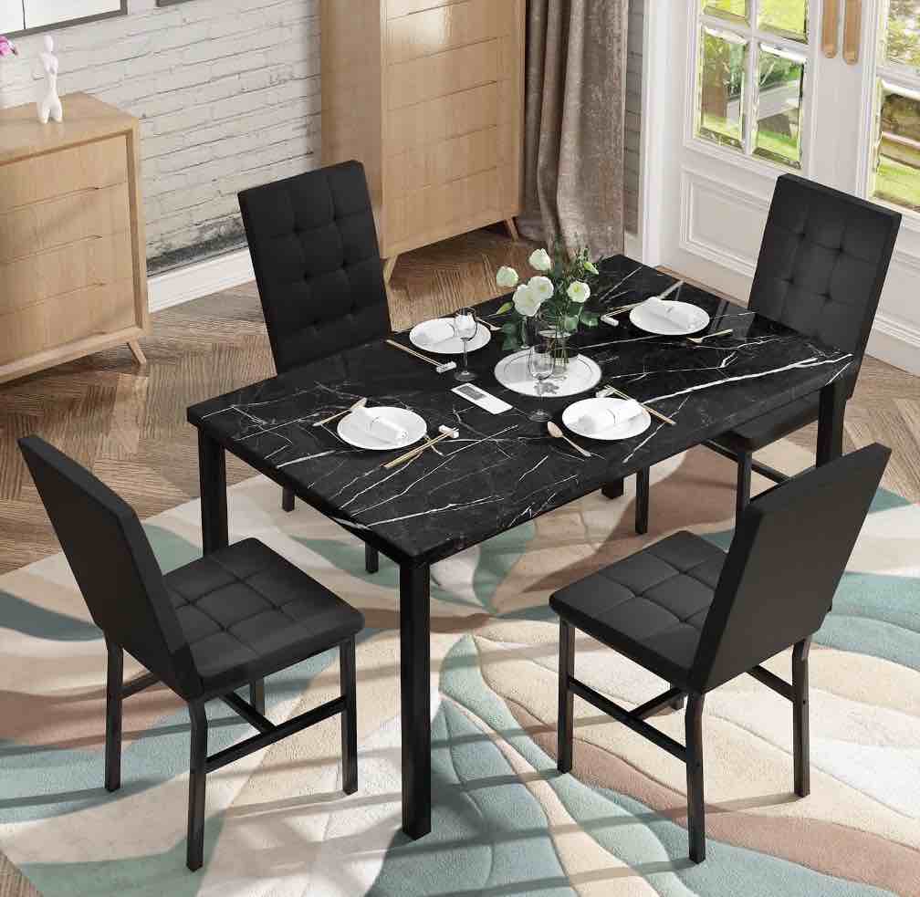 Condition photo showing Good Condition for Baxluxe Marble Dining Table Set for 4, Faux Marble Kitchen Table and Chairs Set, 4-Person Dinette Sets with 4 Tufted Leather Dining Chairs, Rectangular Dining Room Set for Breakfast Nook, Black
