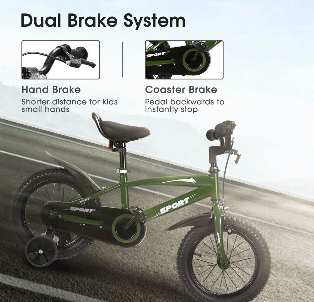 Condition photo showing New/Like New for Naipo 16 in Green Kid Bike Kickstand with Training Wheels Children Bikes Boys Girls