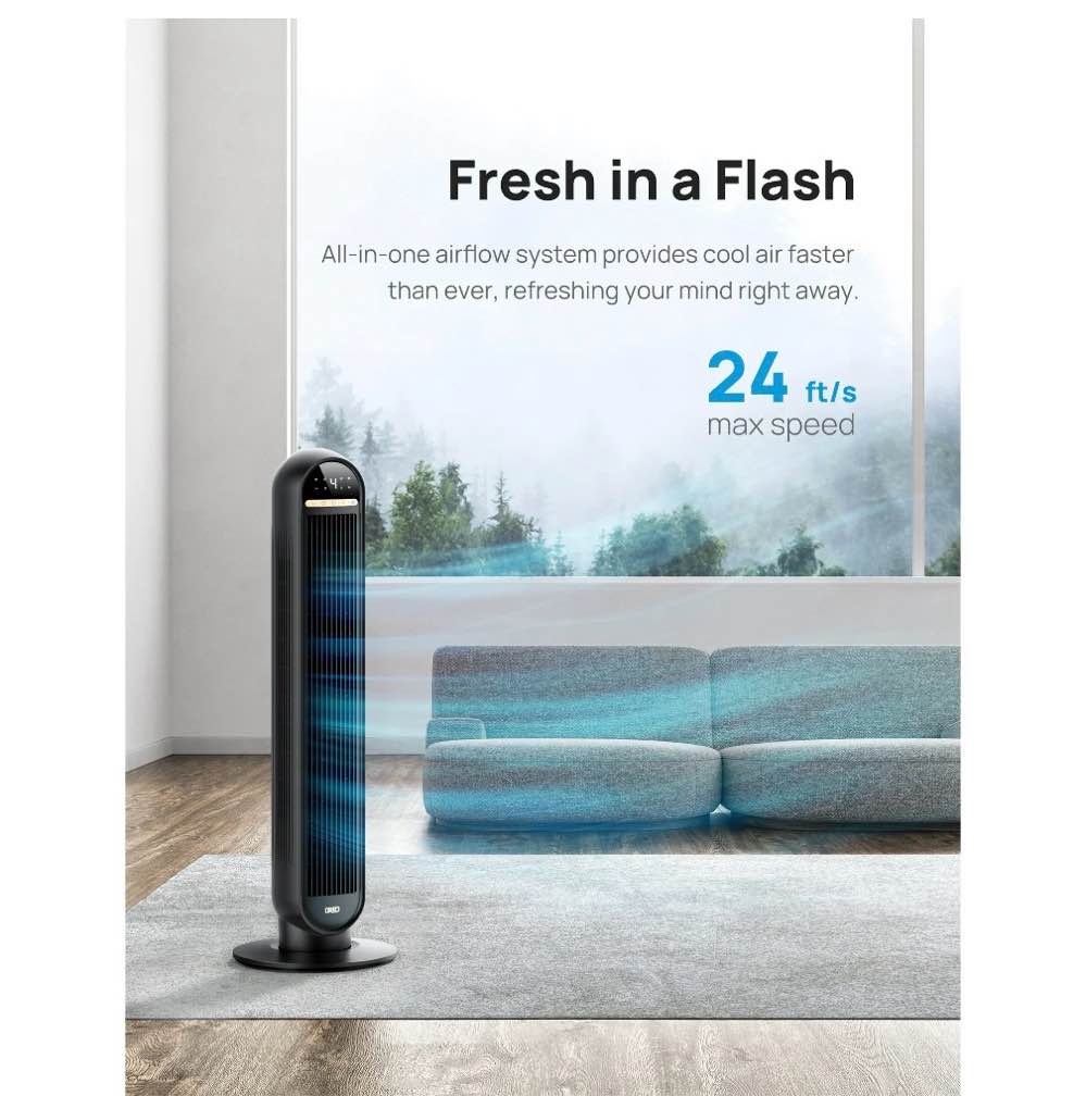 Condition photo showing New/Like New for Dreo Tower Fans for Home  36  Standing Floor Fan with Remote  90° Oscillating Fan  24 ft/s High Velocity  LED Display  4 Speeds  4 Modes  8H Timer  Quiet Bedroom Fan
