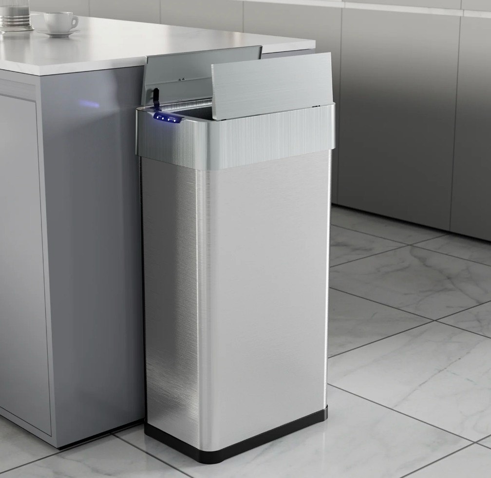 Condition photo showing As Is for Pirecart 21.1 gal Sensor Motion Garbage Can  Touchless Automatic Trash Can  Bathroom Stainless Steel Smart Bin W/Butterfly  Soft-Close Lid