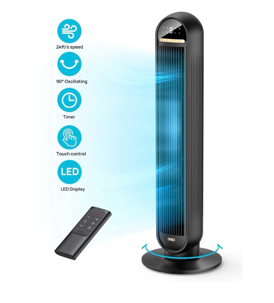 Dreo Tower Fans for Home  36  Standing Floor Fan with Remote  90° Oscillating Fan  24 ft/s High Velocity  LED Display  4 Speeds  4 Modes  8H Timer  Quiet Bedroom Fan