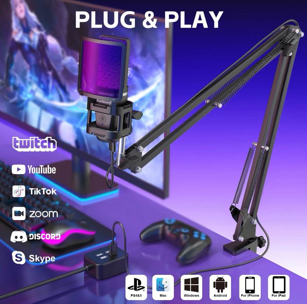 Condition photo showing Good Condition for ZealSound Gaming USB Microphone Noise Cancellation Condenser Mic 3.5mm Headphone RGB Microphone with Mute Gain Monitoring Boom Arm Pop Filter for Phone PC Computer Mac Streaming Podcast