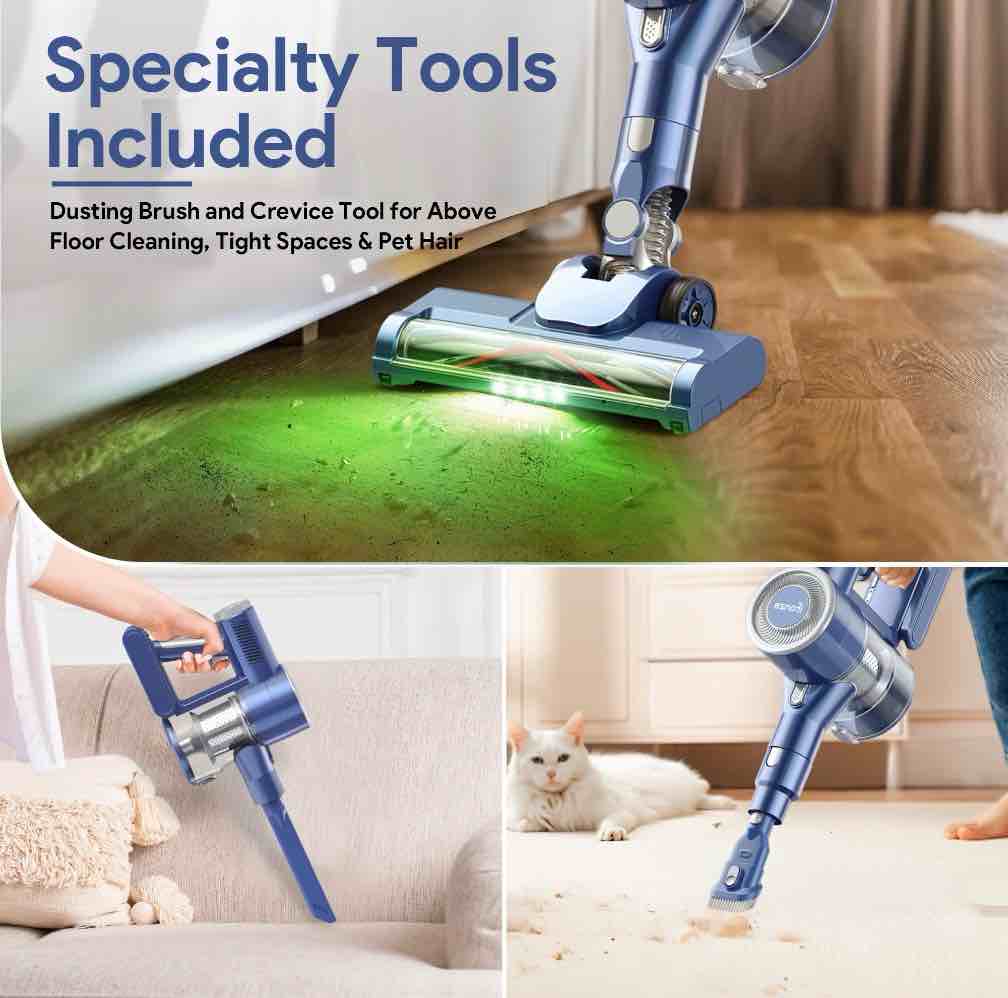 Condition photo showing Good Condition for Qunler Cordless Vacuum Cleaner for Home, Self-Standing Stick Vacuum with Rechargeable 2200mAh Detachable Battery for Hardwood Floors, Carpets, and Pet Hair, Green LED Lights Reveal Invisible Dust