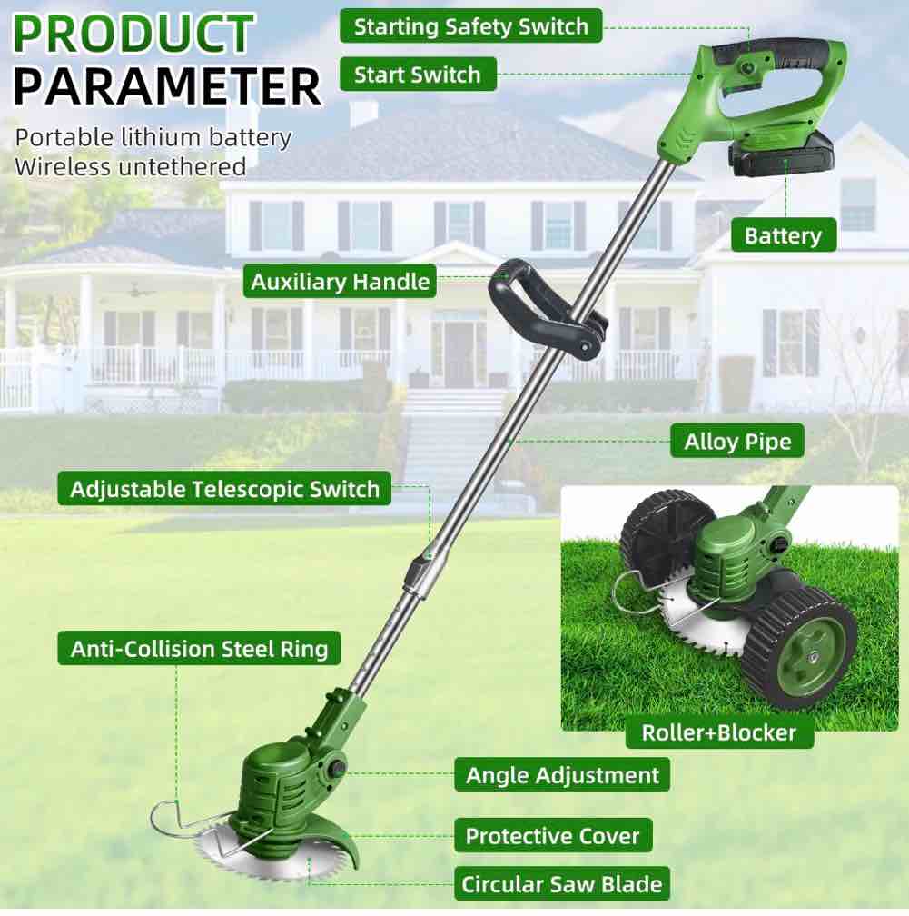 The Latest Small Portable Cordless Electric Lawn Mower/Lawn Cutter with 2 High-Capacity Lithium Batteries And 3 Types of Blades, Many Gifts, Multi-Function Weed Cutter for Yard and Garden(Green)