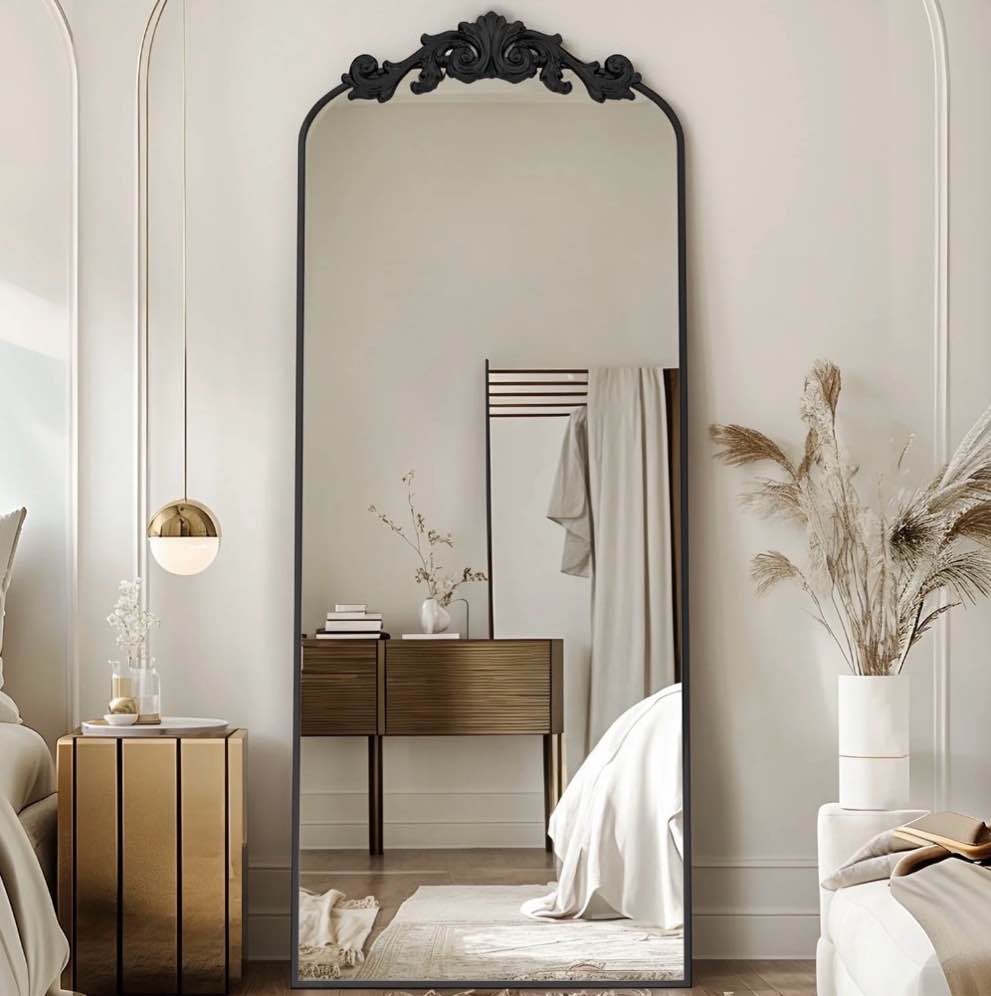 Antok 58 x18  Vintage Arched Full-Length Mirror with Carved Metal Frame  Baroque-Style Floor Mirror for Living Room  Bedroom  Entryway or Hallway Decor  Black