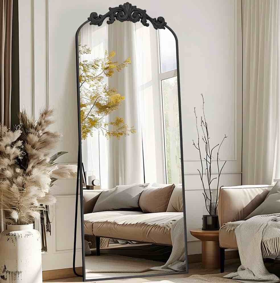 Condition photo showing New/Like New for Antok 58 x18  Vintage Arched Full-Length Mirror with Carved Metal Frame  Baroque-Style Floor Mirror for Living Room  Bedroom  Entryway or Hallway Decor  Black