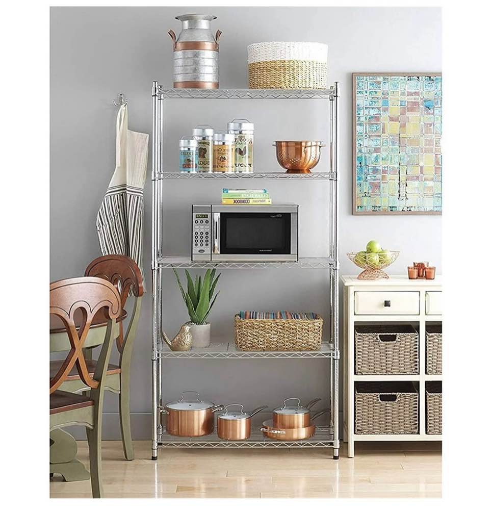 Condition photo showing New/Like New for Ktaxon 5-Tier Wire Shelving Unit  Steel Storage Rack for Garage Office Kitchen Silver  30  W x 14  D x 60  H