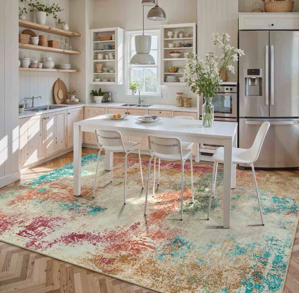 Condition photo showing Good Condition for RUG ROBOT Abstract Living Room Rug 9 x12 Soft Washable Area Rugs for Bedroom Non Slip Ultra Thin Low Pile Modern Large Carpet for Dining Room Office Kitchen Yellow/Blue