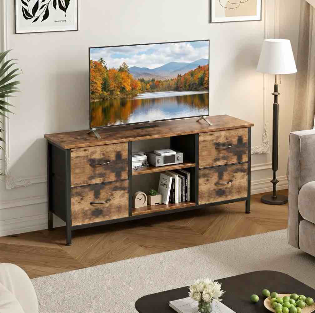 Condition photo showing New/Like New for Dowellia TV Stand with 4 Drawers, 43 inch Entertainment Center with Open Shelves, Media Center for 50" TV, Television Stand for Bedroom, Living Room