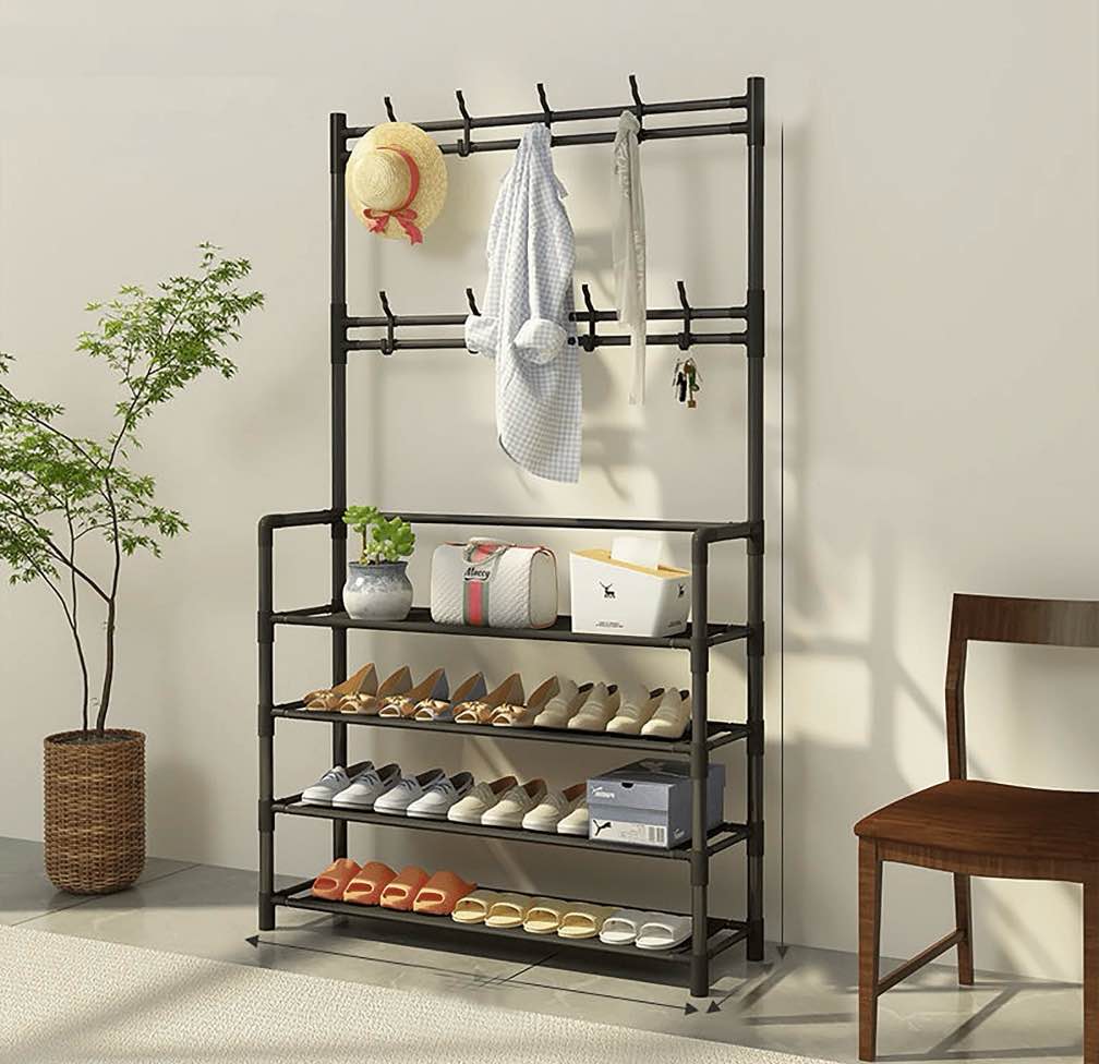 HioHa Coat and Shoe Rack, Hall Tree for Entryway with 4-Tier Storage Shelves,Storage Organizer with 8 Hooks for Bedroom, Hallway, Office, Black