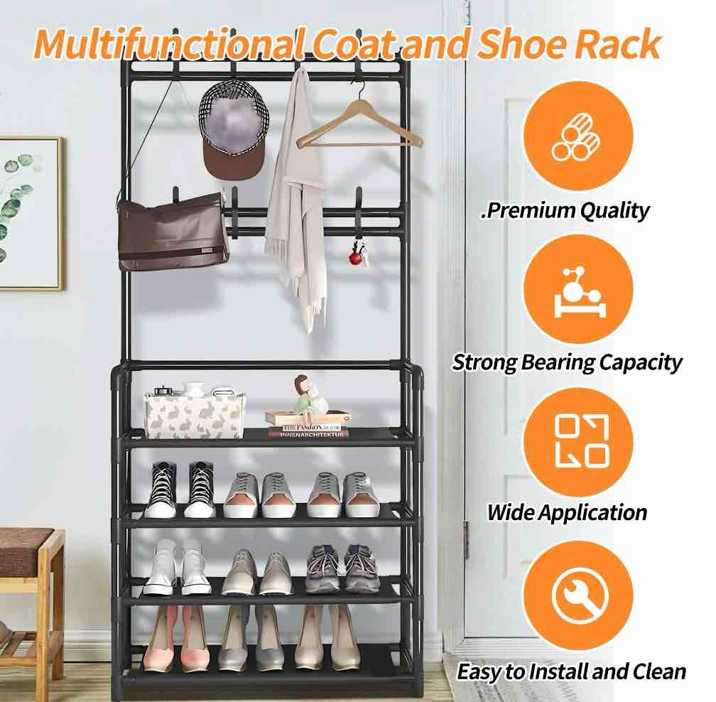 Condition photo showing Good Condition for HioHa Coat and Shoe Rack, Hall Tree for Entryway with 4-Tier Storage Shelves,Storage Organizer with 8 Hooks for Bedroom, Hallway, Office, Black