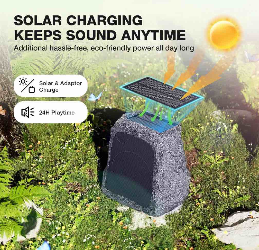Condition photo showing New/Like New for Outdoor Rock Bluetooth Speakers, Tweeters+Subwoofer, Pair 100+ Speakers, Stereo Deep Bass IPX7 Waterproof Speaker, Solar Powered, Perfect for Pool, Garden, Deck and Outdoor