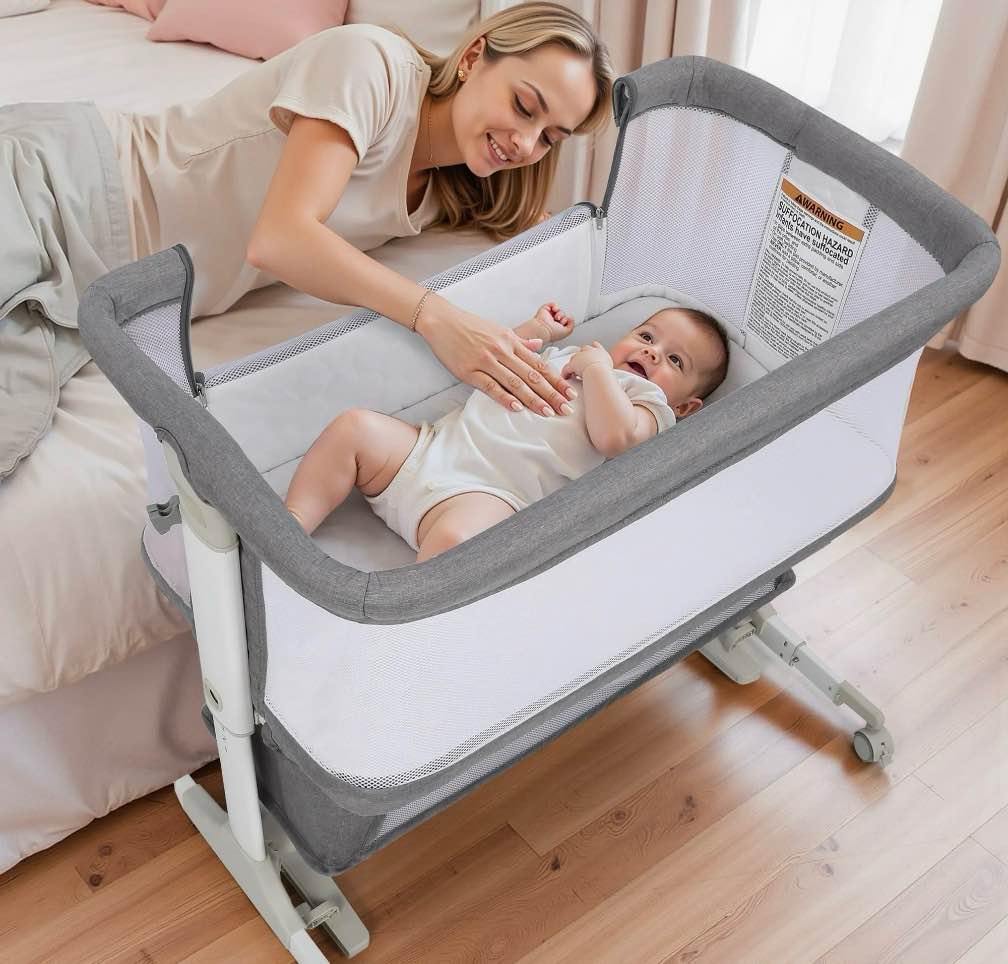 Vomeast Baby Bassinet Bedside Sleeper with Wheels, Adjustable Height, Dual-Lock, Storage Bag for Newborns Infants, Gray
