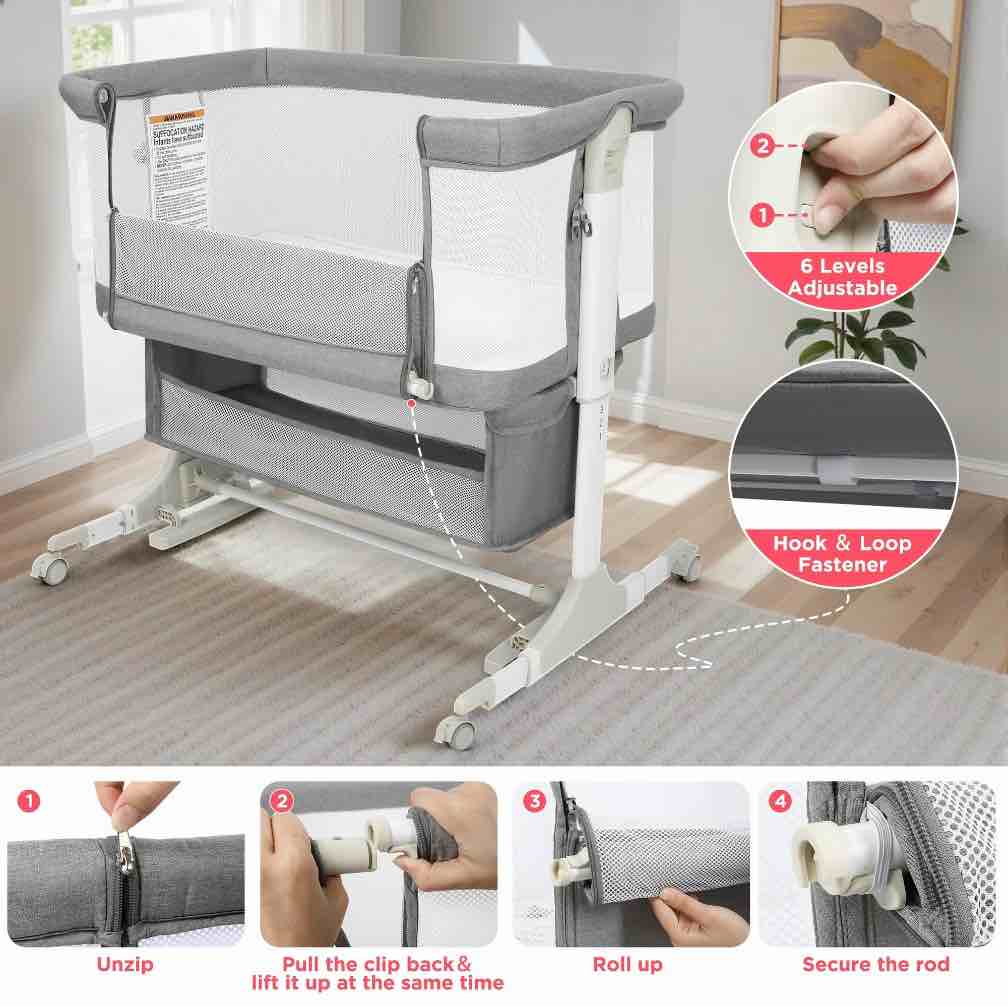 Condition photo showing Good Condition for Vomeast Baby Bassinet Bedside Sleeper with Wheels, Adjustable Height, Dual-Lock, Storage Bag for Newborns Infants, Gray